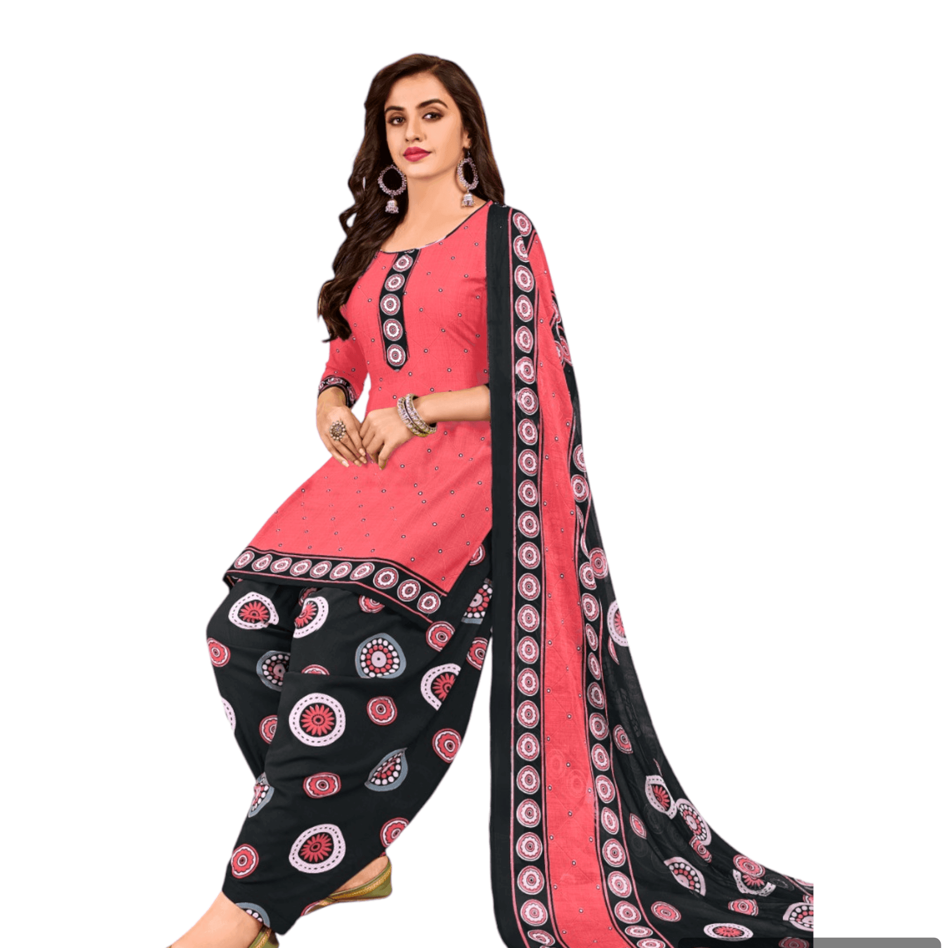 Rosy Pink Top and Black Patiala Pant Unstitched Salwar Kameez with Dupatta - Bavis Clothing Main image