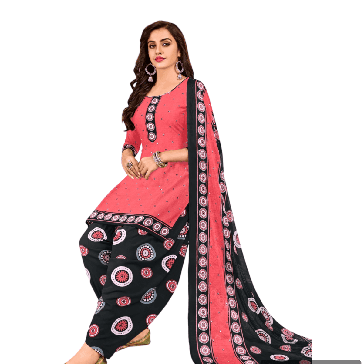 Rosy Pink Top and Black Patiala Pant Unstitched Salwar Kameez with Dupatta - Bavis Clothing