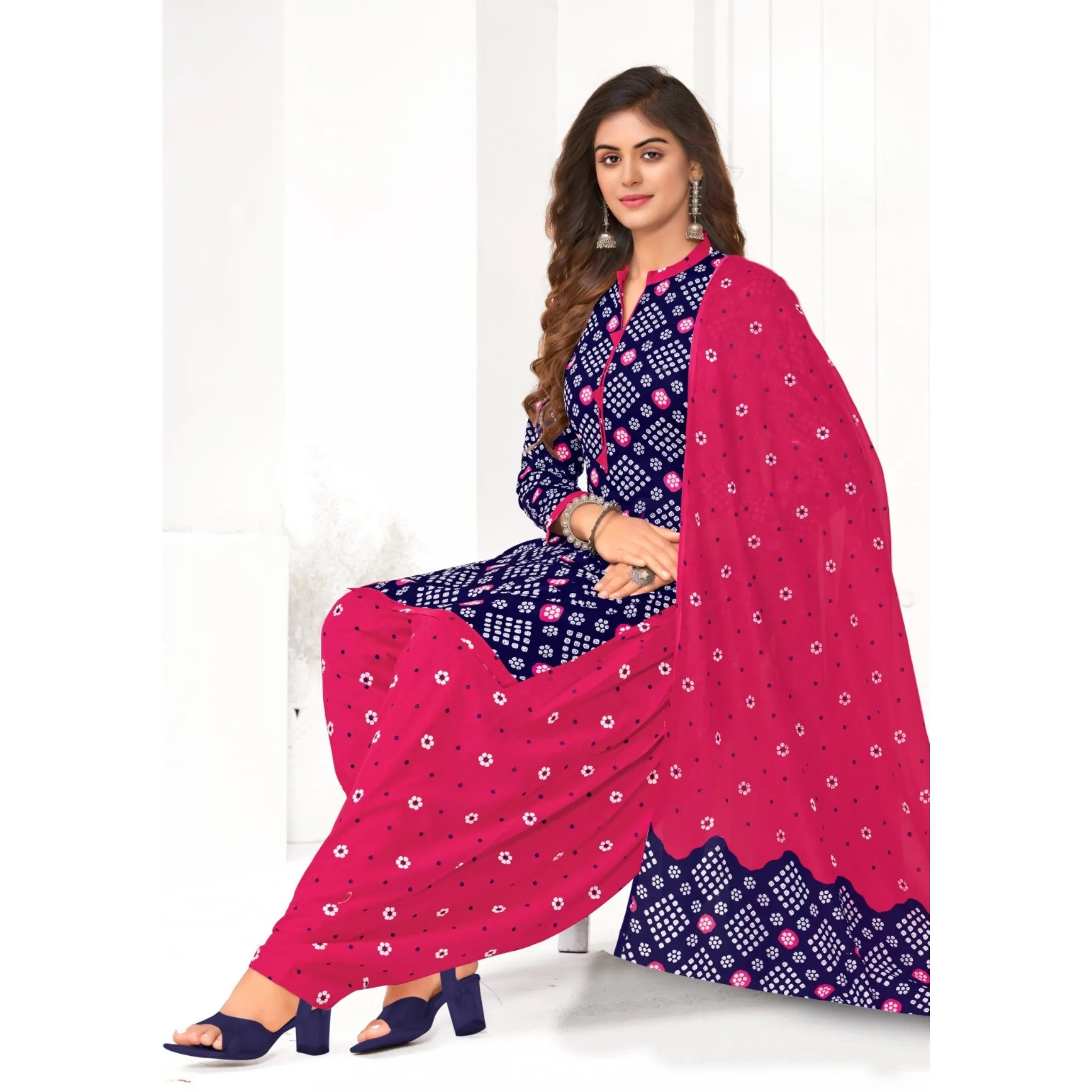 Royal Blue A Line Cotton Kurti and Rose Patiala Pant with Dupatta Main image