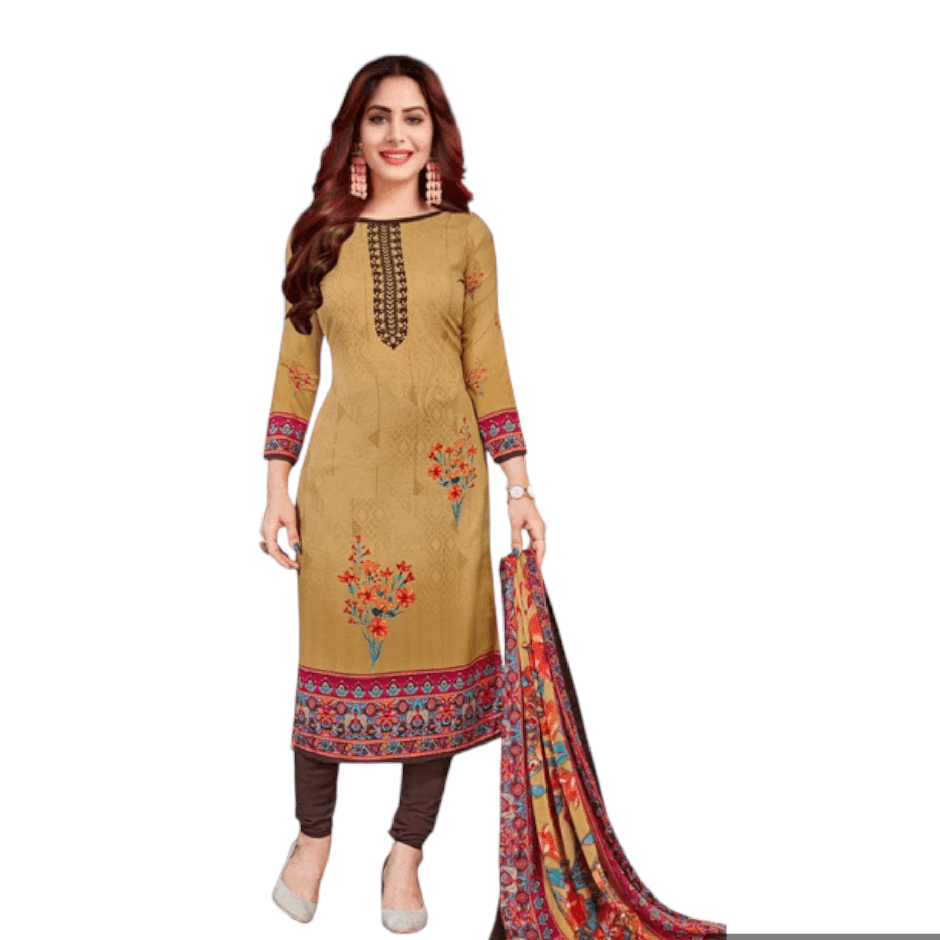 Sandy Brown Churidar Top with Dark Brown Salwar with Dupatta for Women - Shop Now at Bavis Clothing Main image