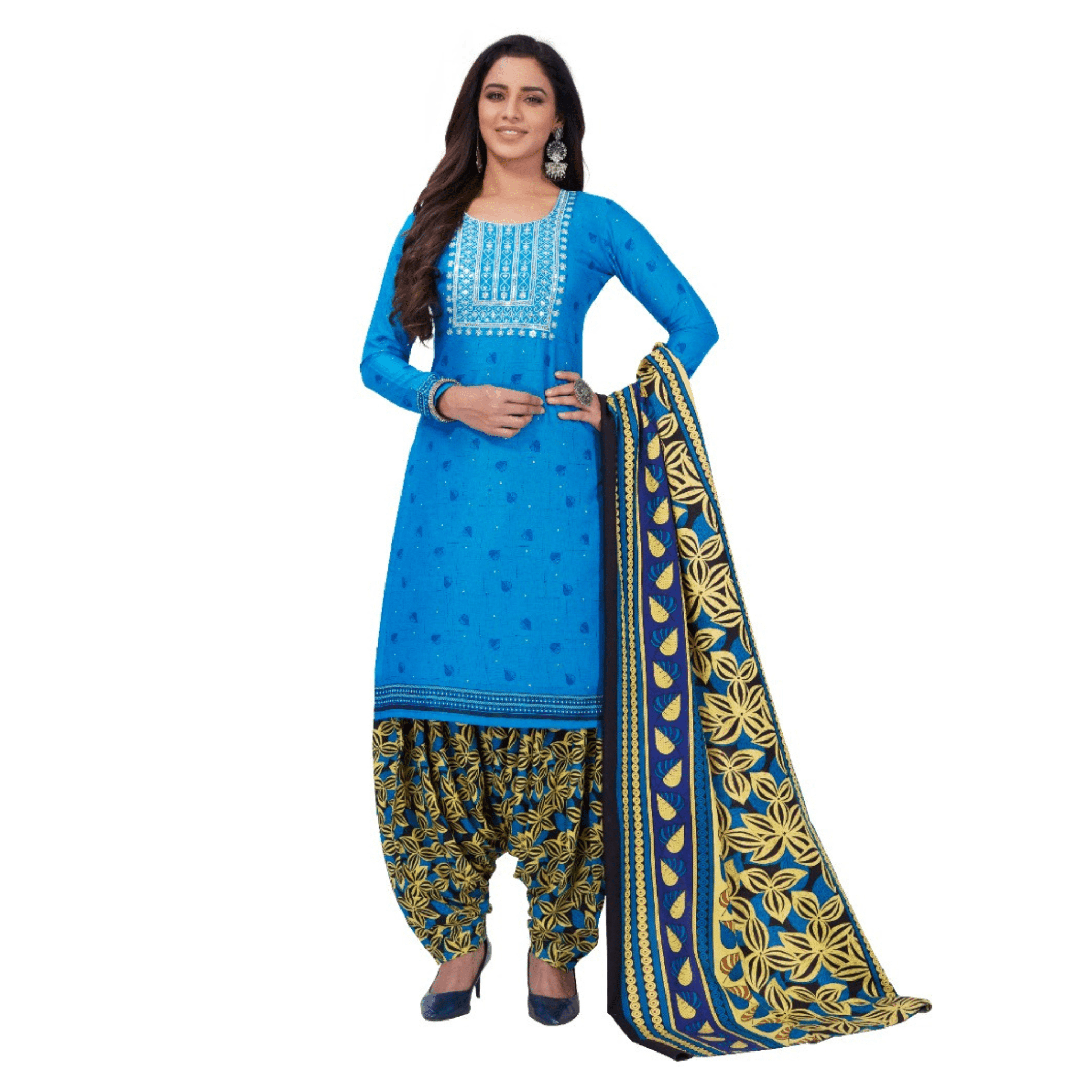 Sky Blue Embroidered Worked Regular Fit Straight Kurta with Patiala Pant and Dupatta Main image