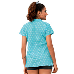 Sky Blue Mandarin Collar Motif Print Cotton Tops for Women