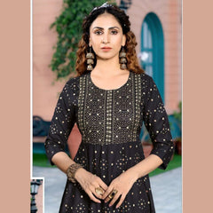 Smoky Black U- Neck Yoke Pattern Long  Reyon Kurti with Allover Golden Prints