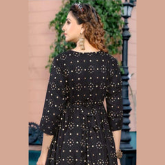 Smoky Black U- Neck Yoke Pattern Long  Reyon Kurti with Allover Golden Prints