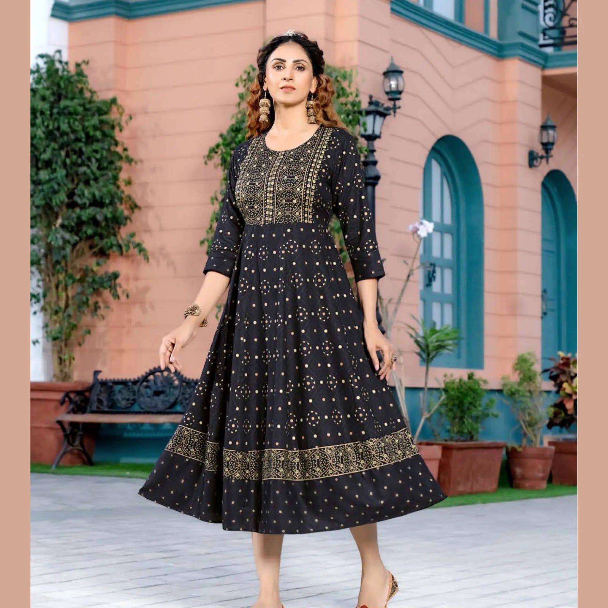 Smoky Black U- Neck Yoke Pattern Long  Reyon Kurti with Allover Golden Prints Main image