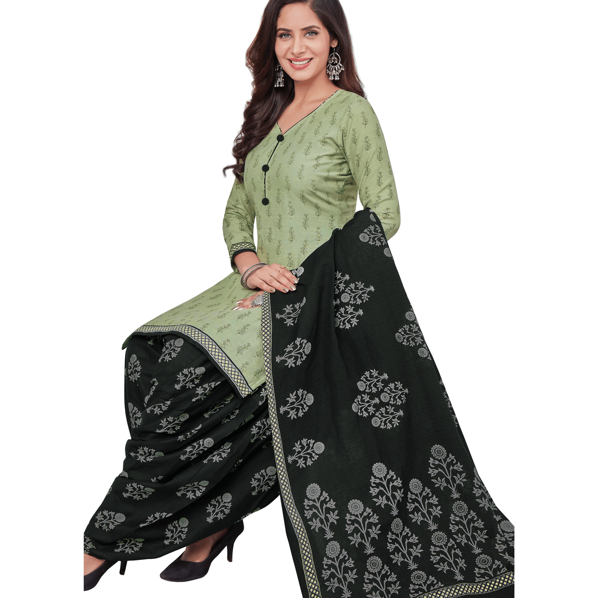 Soft Green Cotton Unstitched Salwar Suit with Pant and Dupatta Main image