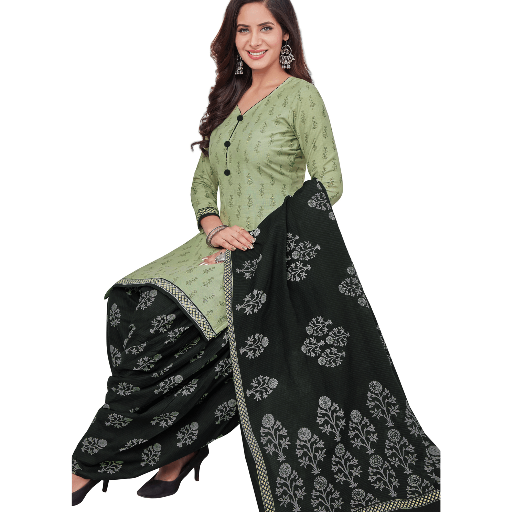 Soft Green Cotton Unstitched Salwar Suit with Pant and Dupatta