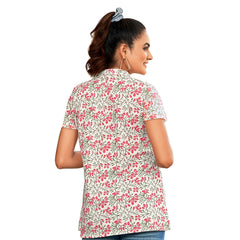 Soft Peach Floral Print Mandarin Collar Tops for Women