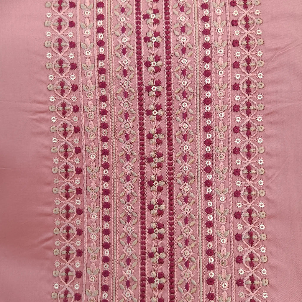 Soft Pink Pure Jam Satin Dyed With Neck and Border Embroidery Unstitched Salwar Suit with Dupatta