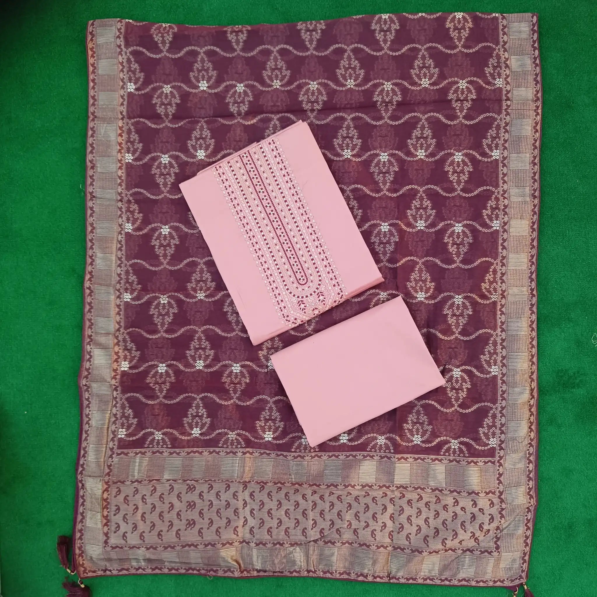 Soft Pink Pure Jam Satin Dyed With Neck and Border Embroidery Unstitched Salwar Suit with Dupatta Main image