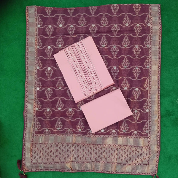 Soft Pink Pure Jam Satin Dyed With Neck and Border Embroidery Unstitched Salwar Suit with Dupatta