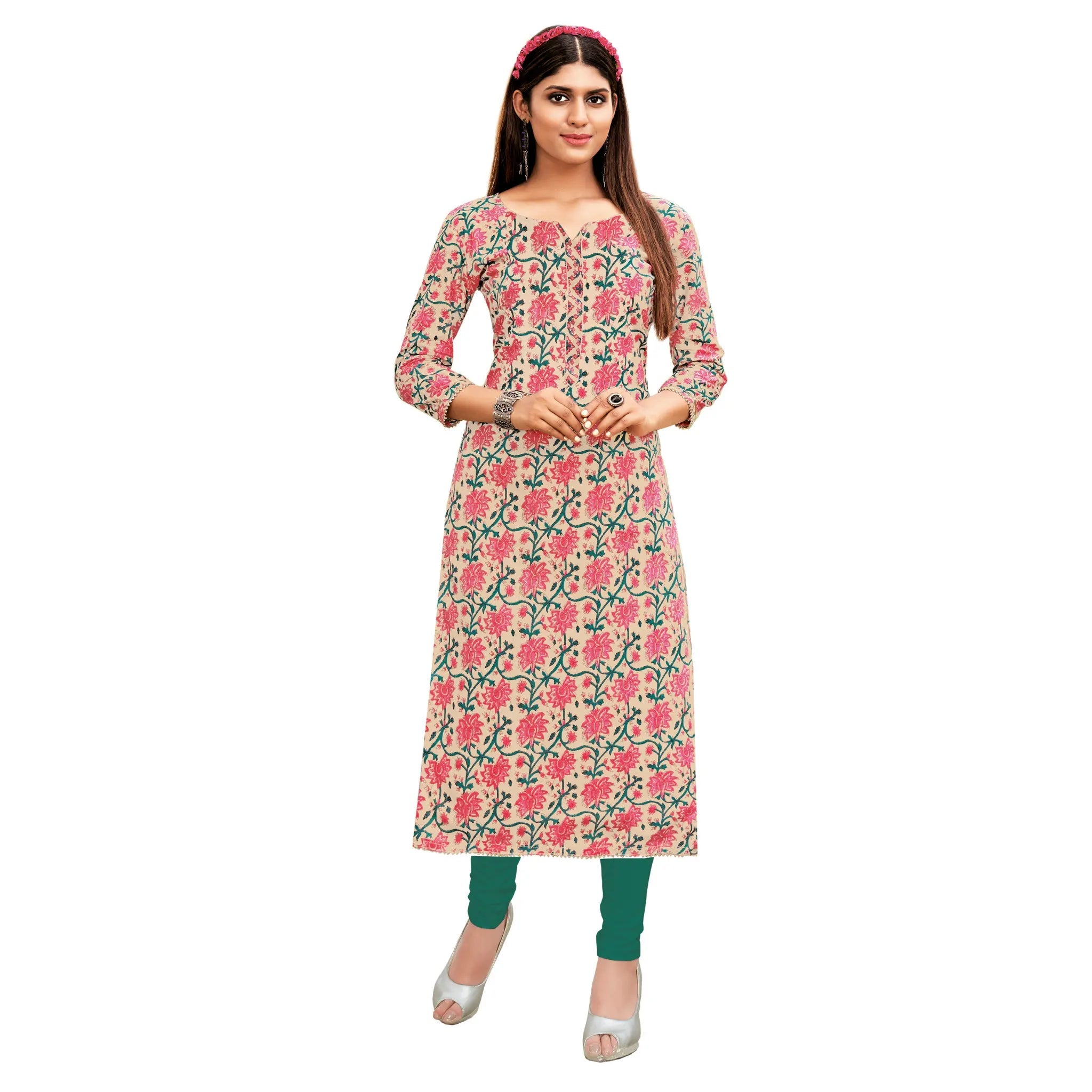 Spanish White Floral Print Cotton long Kurti Main image