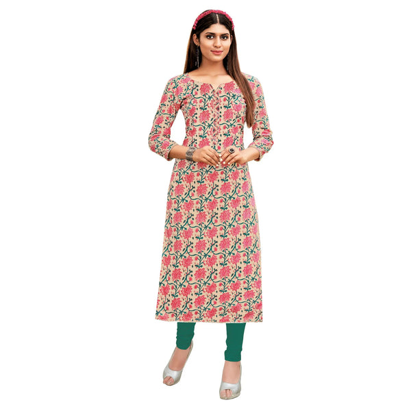 Spanish White Floral Print Cotton long Kurti