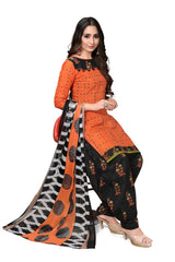 Stylish Synthetic Sunrise Orange Salwar Kameez with Black Floral Print Patiala & Dupatta material set - Bavis Clothing