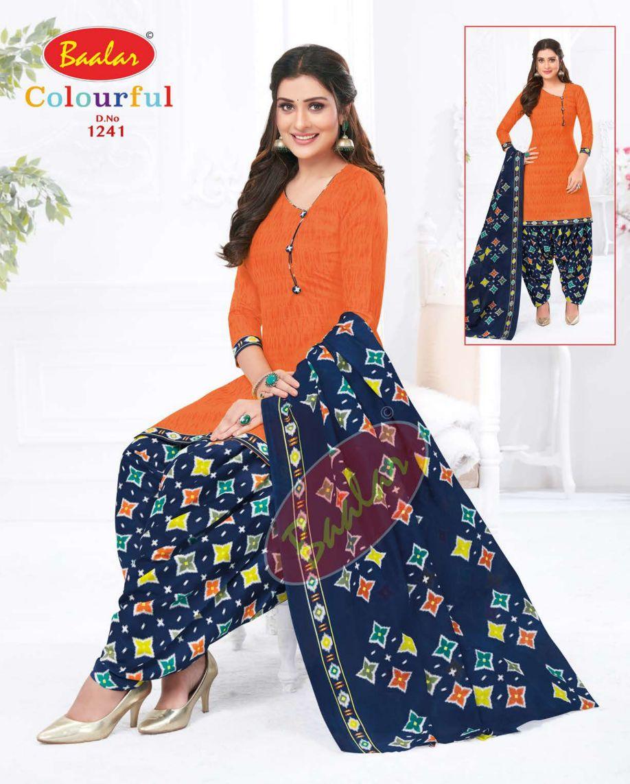 Sunrise Orange Top with Navy Blue Bottom and Dupatta. Soft Cotton Patiala Dress Material Sets. - Bavis Clothing