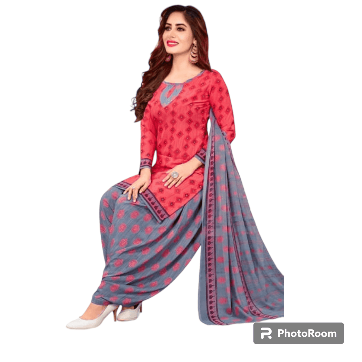 Sunset Orange Top with Blueish Grey Patiala Pant Unstitched Salwar Kameez with Dupatta - Bavis Clothing Main image