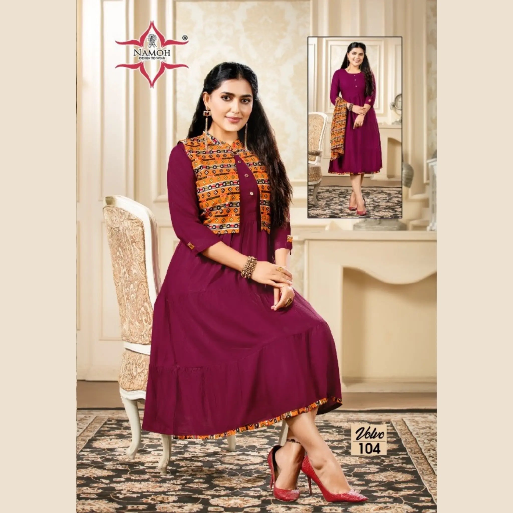 Trendy Rayon U Neck Rose Bud Cherry Umbrella Kurti with Orange Printed Jacket Main image