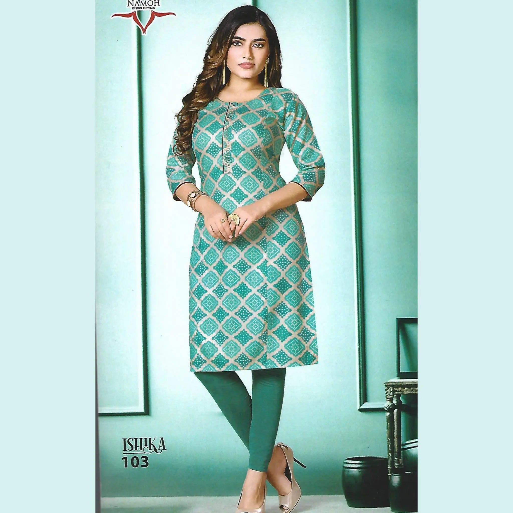 Turquoise Blue Geomentric Pattern Kurti for Women Main image