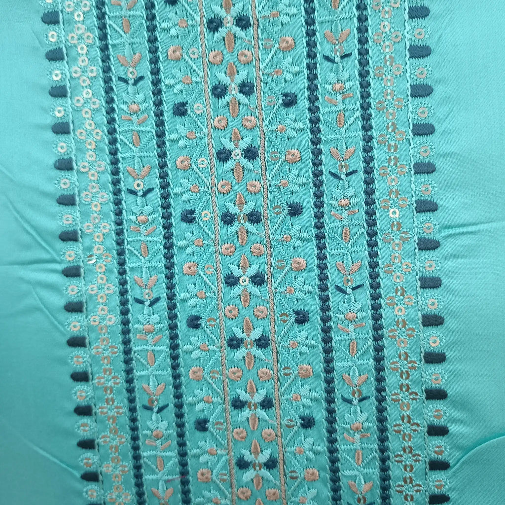 Turquoise Blue Pure Jam Satin Dyed With Neck and Border Embroidery Unstitched Salwar Suit With Dupatta