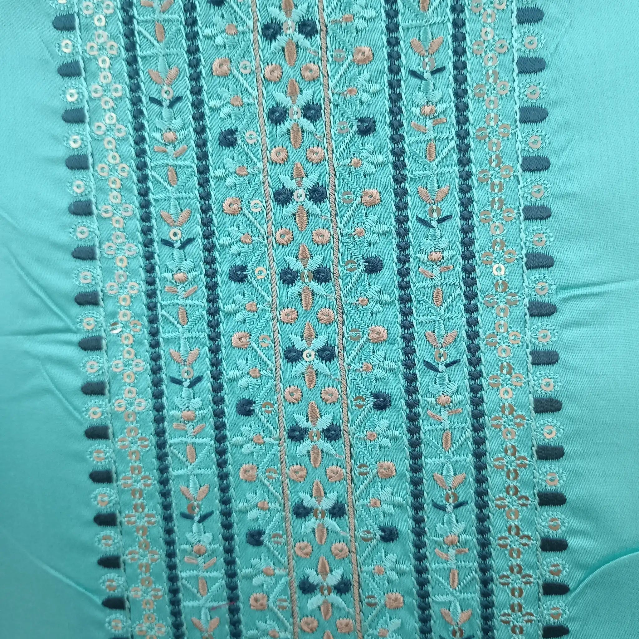 Turquoise Blue Pure Jam Satin Dyed With Neck and Border Embroidery Unstitched Salwar Suit With Dupatta