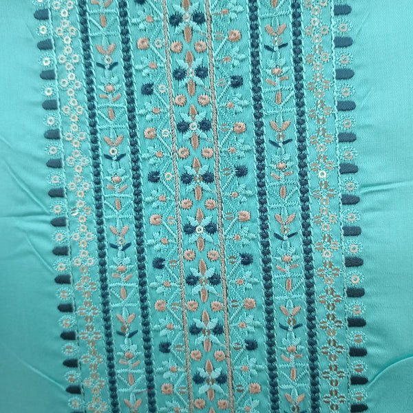Turquoise Blue Pure Jam Satin Dyed With Neck and Border Embroidery Unstitched Salwar Suit With Dupatta