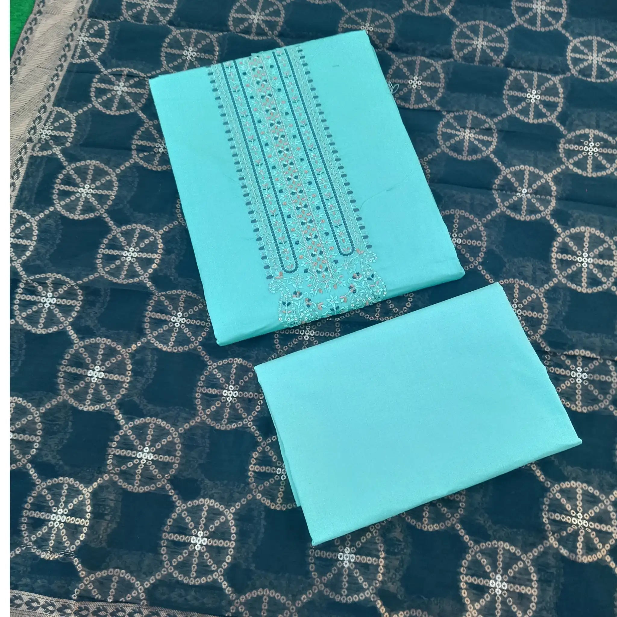 Turquoise Blue Pure Jam Satin Dyed With Neck and Border Embroidery Unstitched Salwar Suit With Dupatta Main image