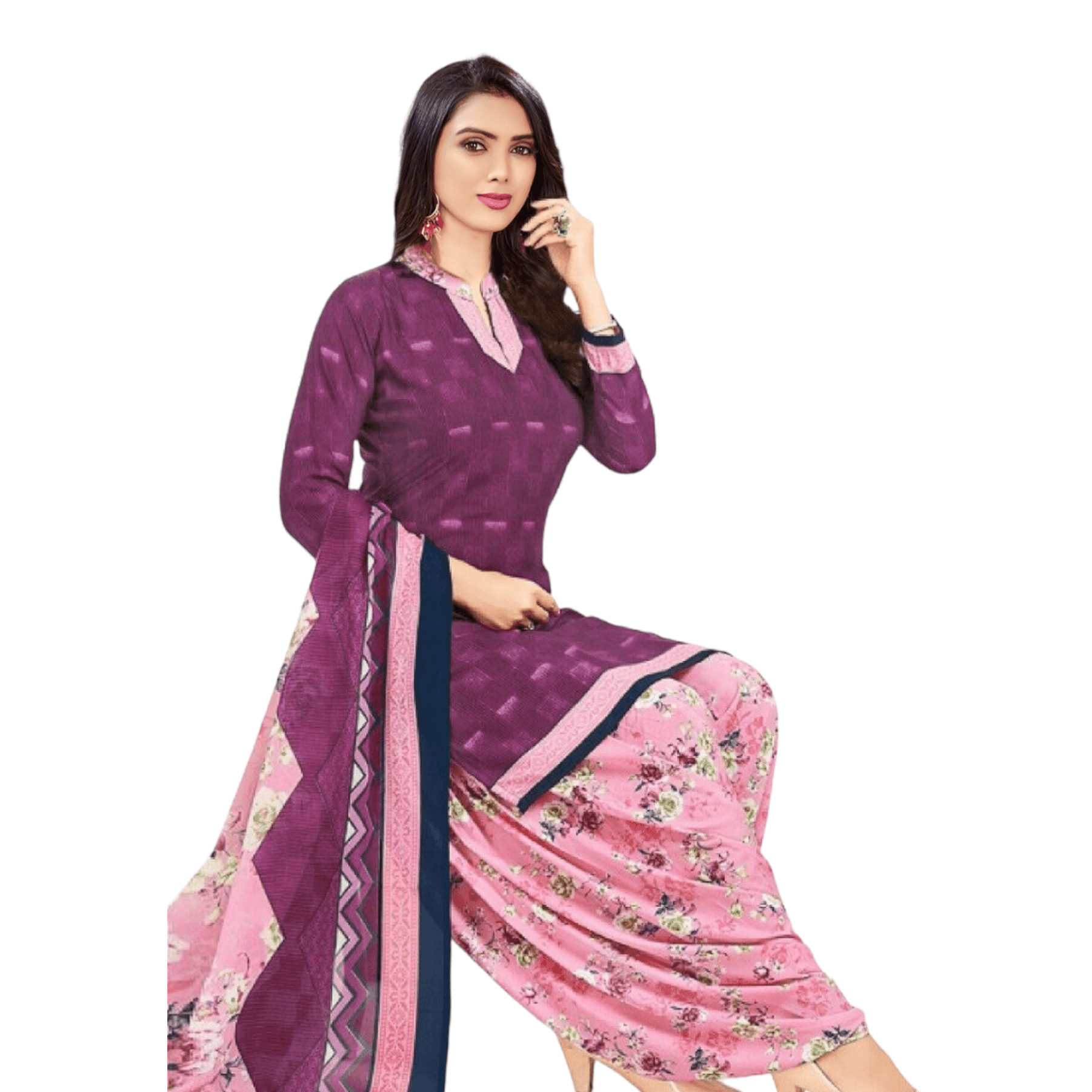 Twilight Lavender Top and Baby Pink Floral Print Patiala Pant Unstitched Salwar Kameez with Dupatta - Bavis Clothing Main image