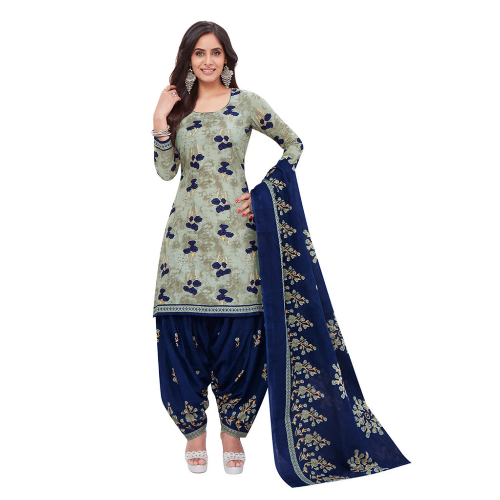 Cotton Boat Neck Ash Grey Top with Navy Blue Patilaya Pant and Dupatta