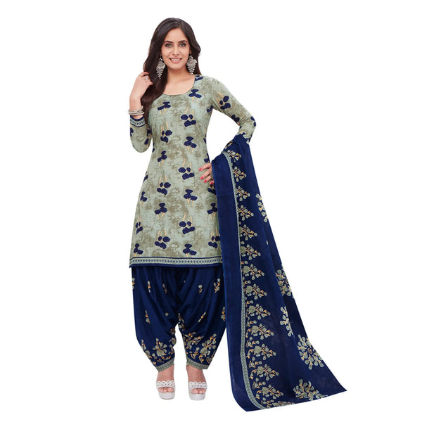 Cotton Boat Neck Ash Grey Top with Navy Blue Patilaya Pant and Dupatta
