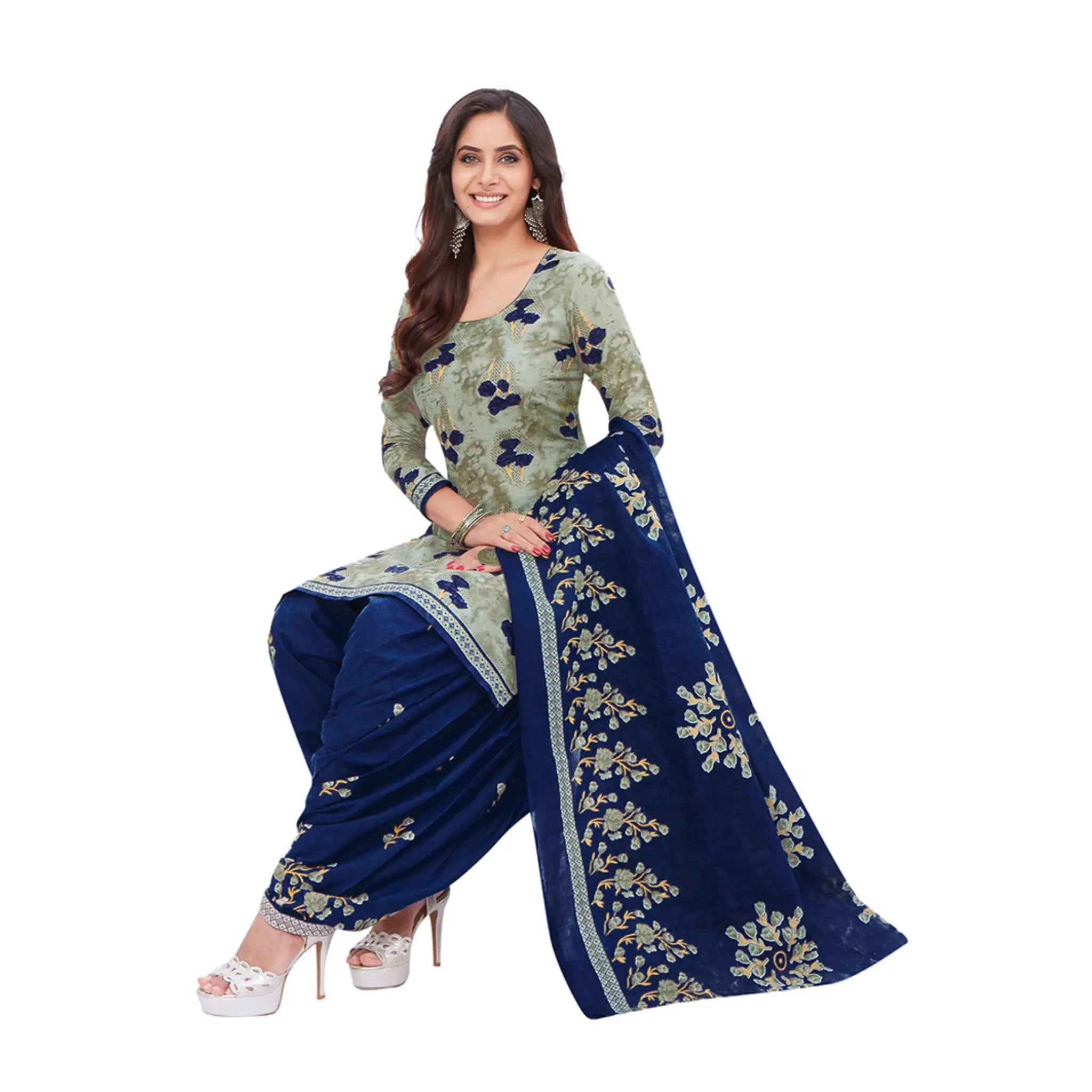Cotton Boat Neck Ash Grey Top with Navy Blue Patilaya Pant and Dupatta