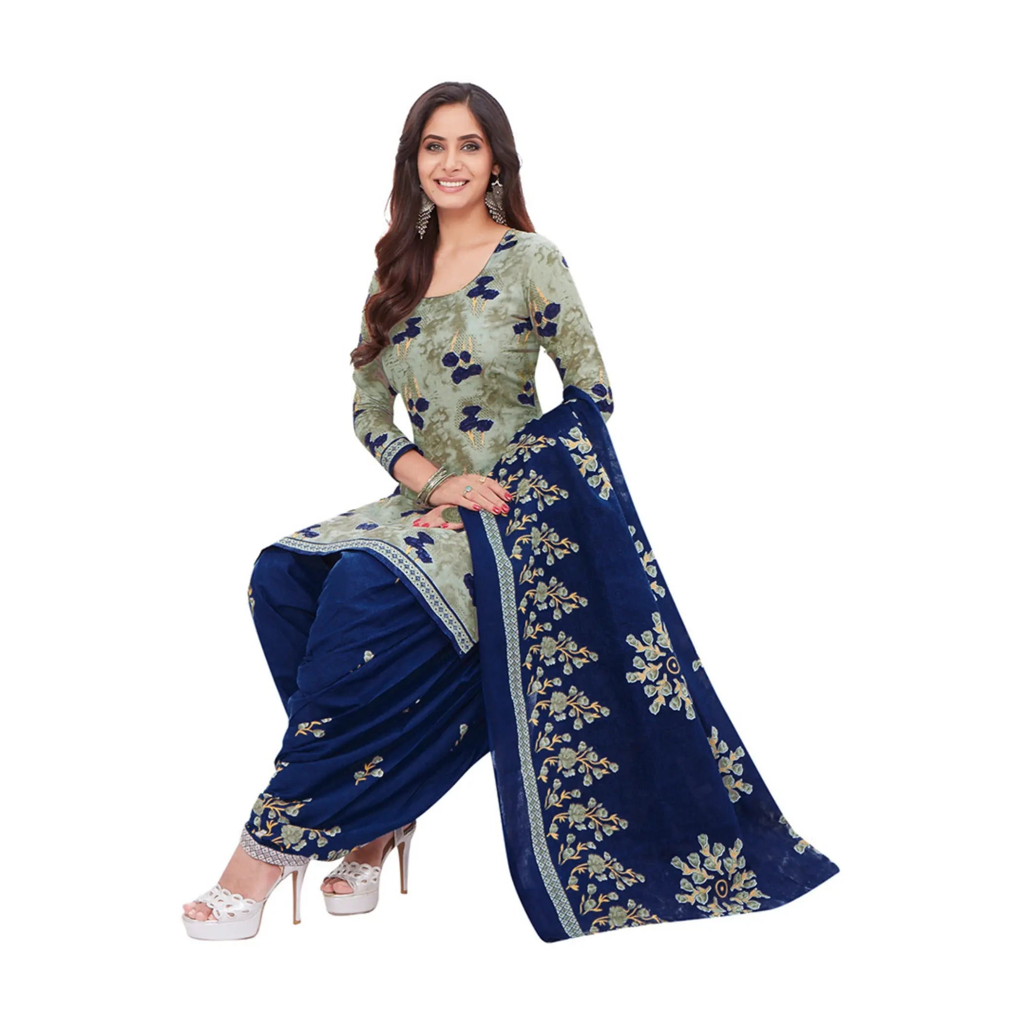 Cotton Boat Neck Ash Grey Top with Navy Blue Patilaya Pant and Dupatta Main image