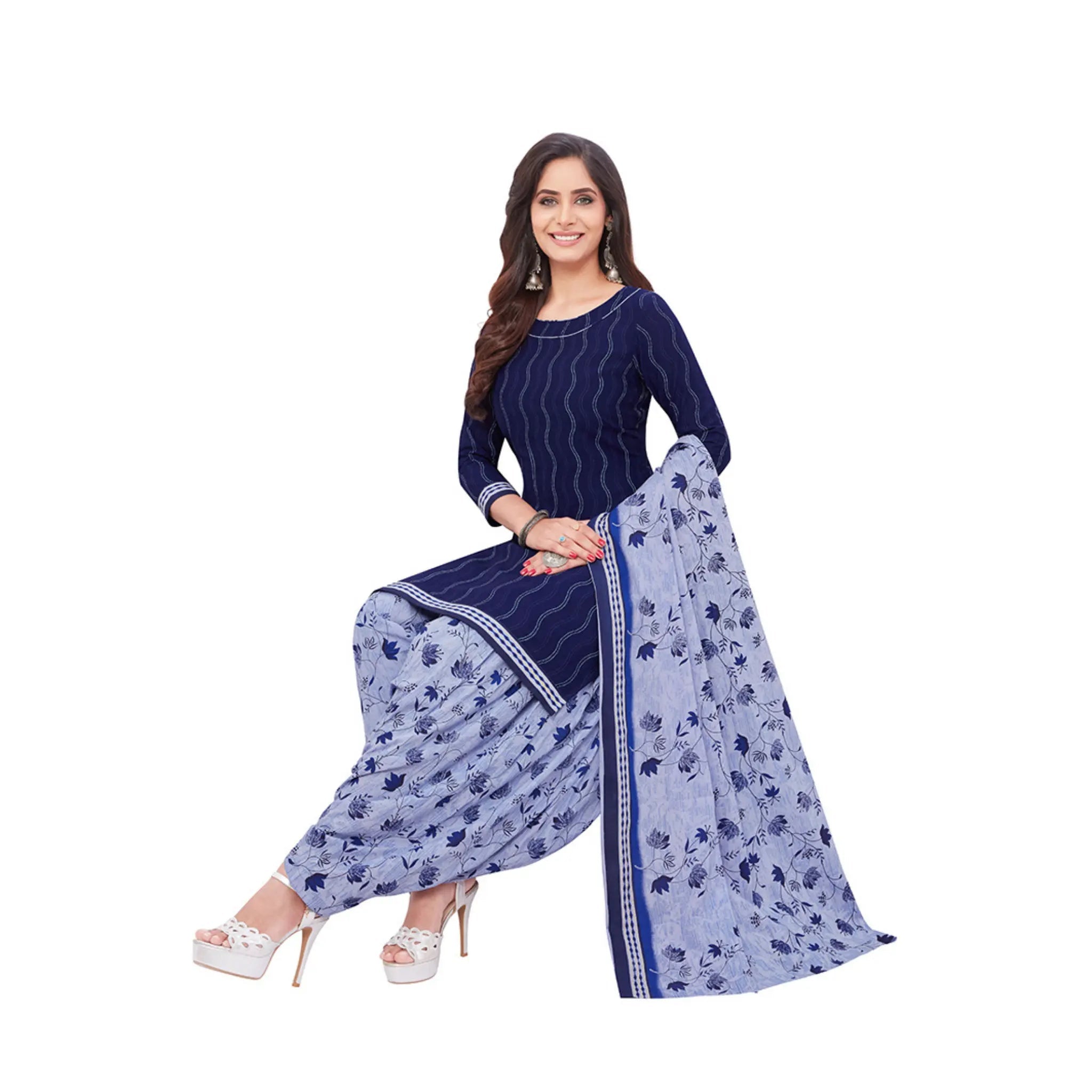 Cotton Boat Neck Dark Blue Top with Purple Patilaya Pant and  Dupatta Main image