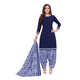 Cotton Boat Neck Dark Blue Top with Purple Patilaya Pant and  Dupatta
