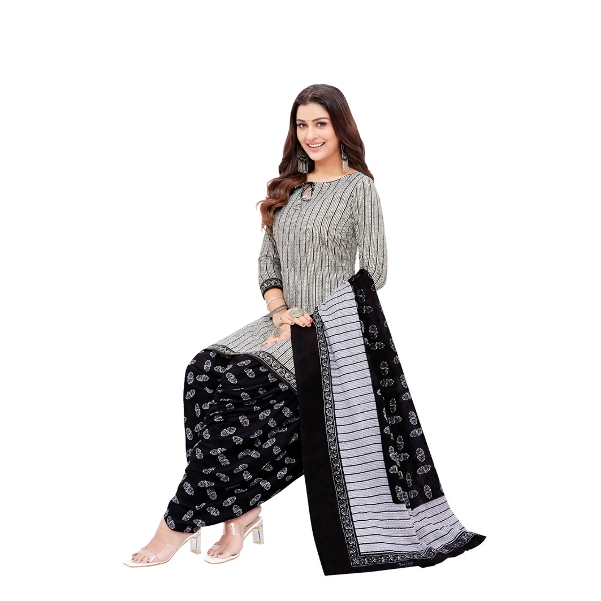 Boat Neck Keyhole Grey Top with Black Floral Patilaya Pant and Dupatta Main image