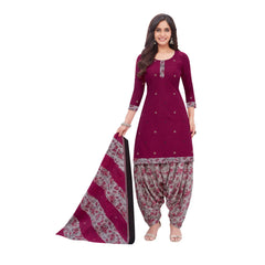 Cotton Boat Neck Pansy Purple Top with Grey Patilaya Pant and Dupatta