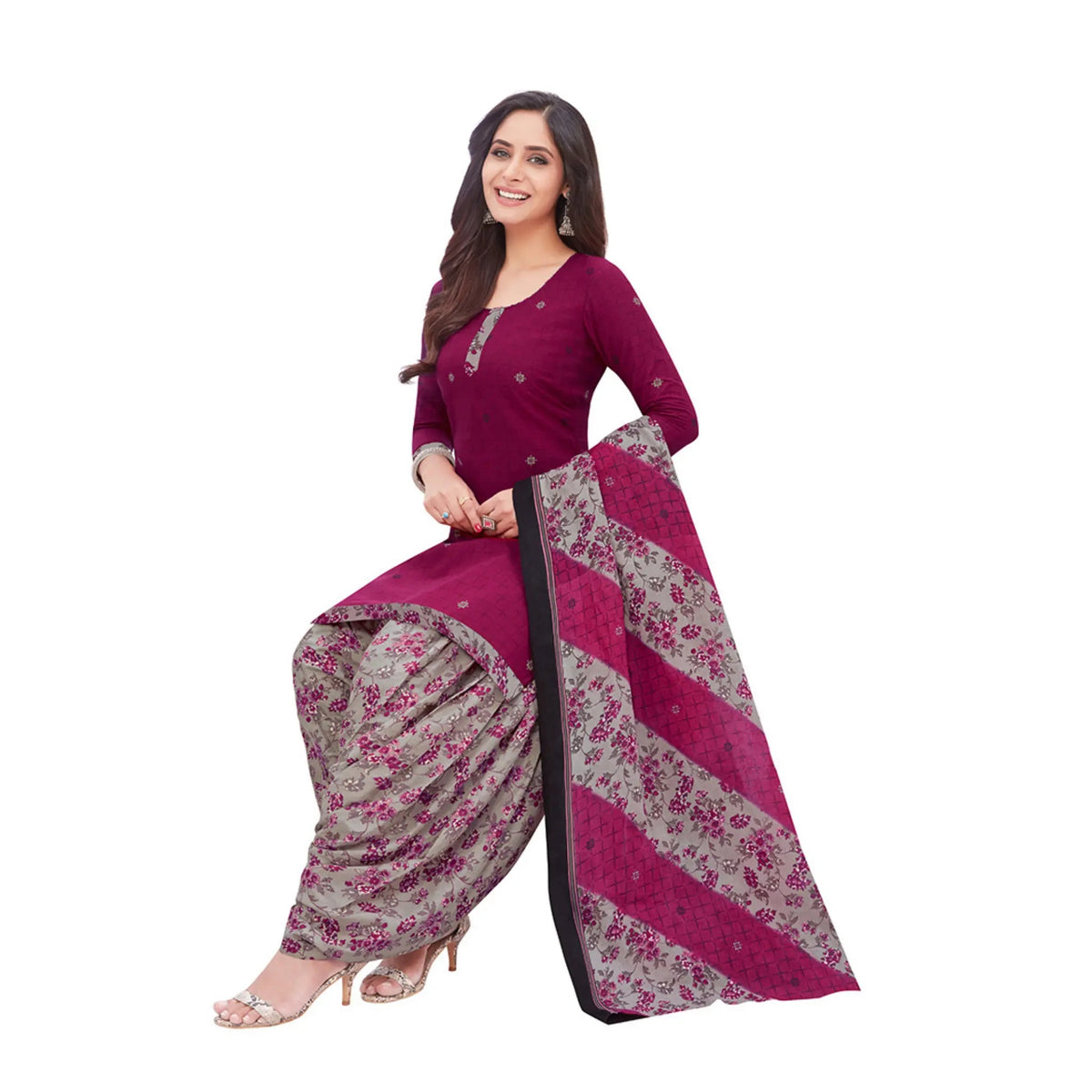 Cotton Boat Neck Pansy Purple Top with Grey Patilaya Pant and Dupatta