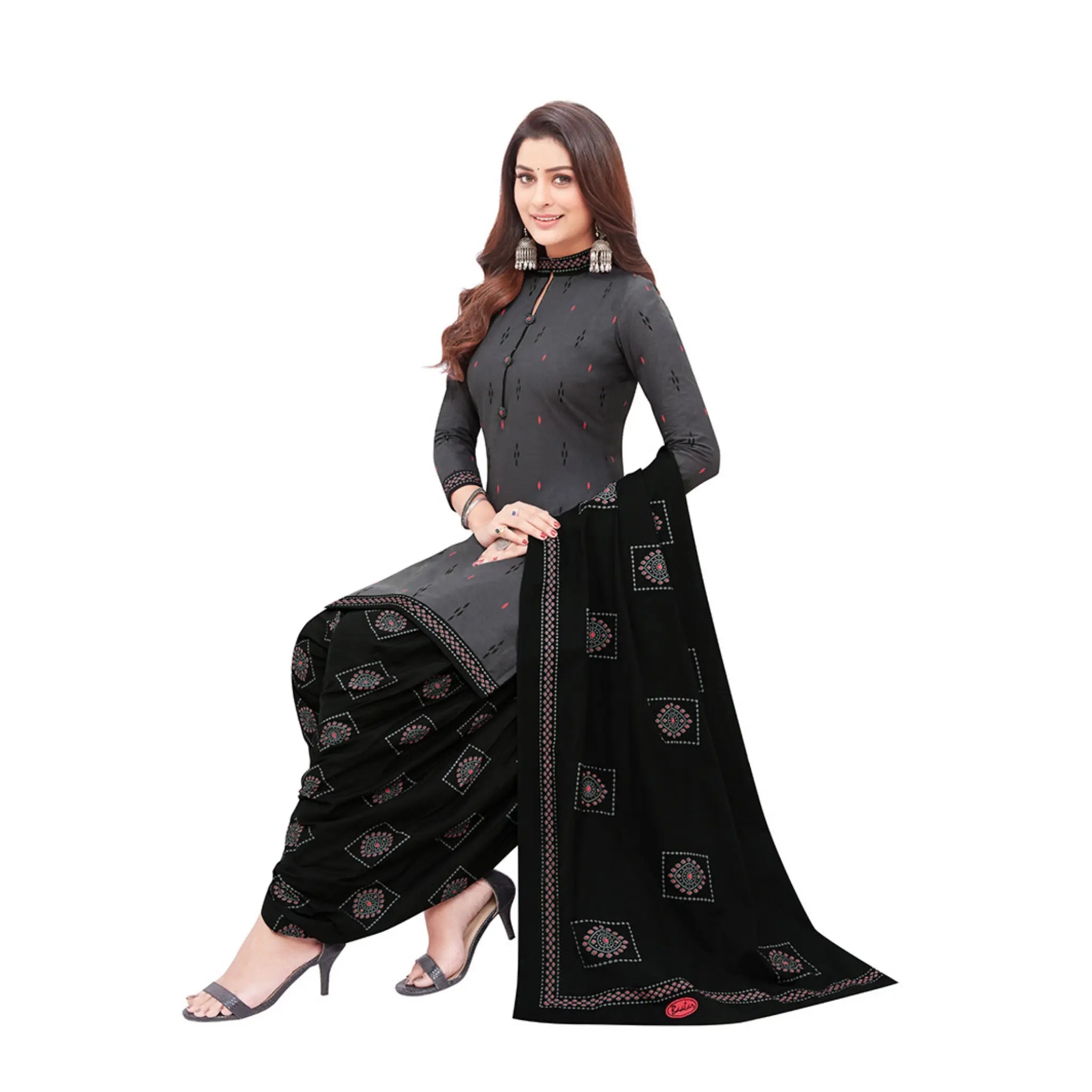 Cotton Coller Neck Carbon Grey Top with Black Patiala Pant and Dupatta Main image