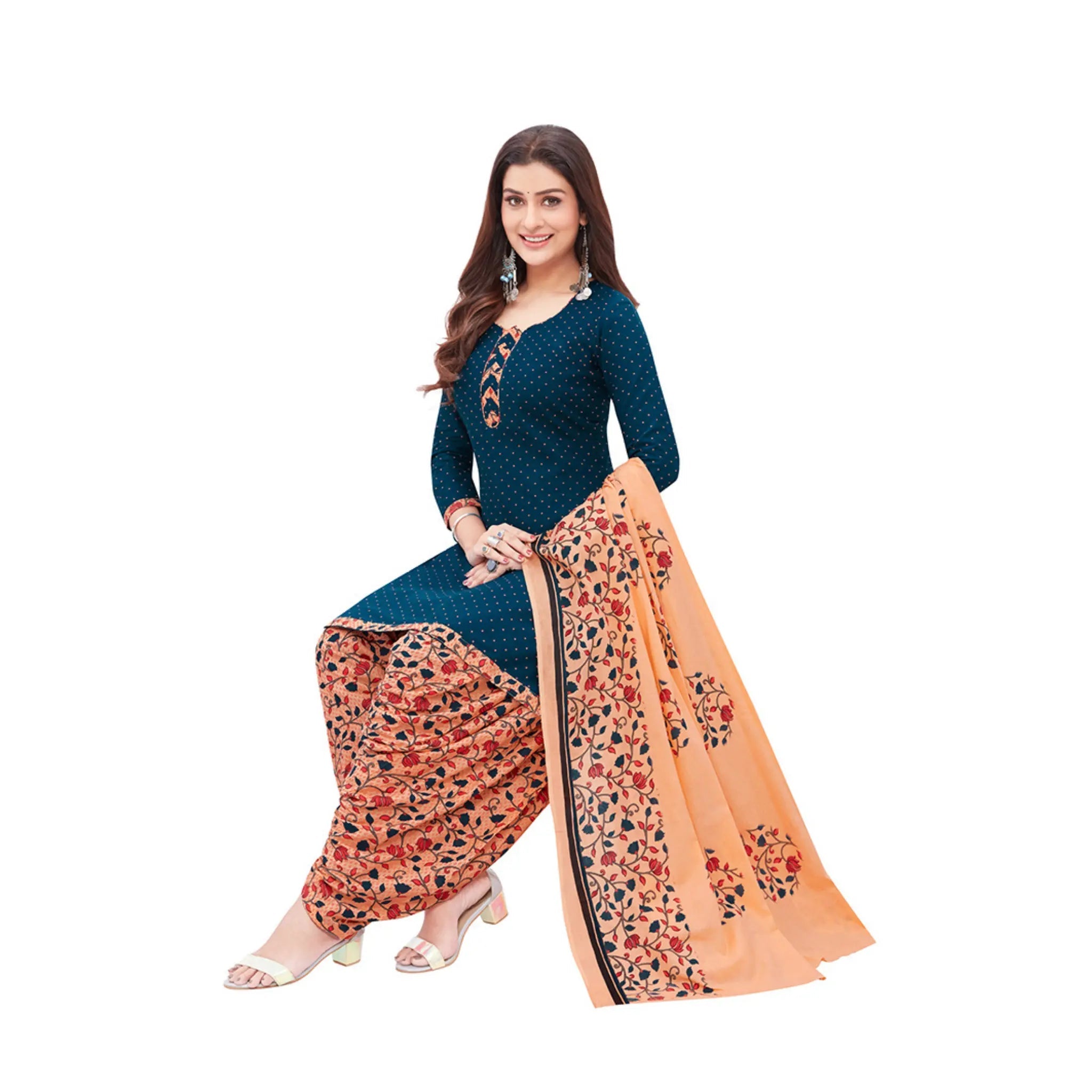 Versital Cotton Regal Blue Top & Peach Patilaya Pant and Dupatta Main image
