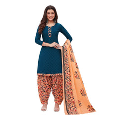 Versital Cotton Regal Blue Top & Peach Patilaya Pant and Dupatta