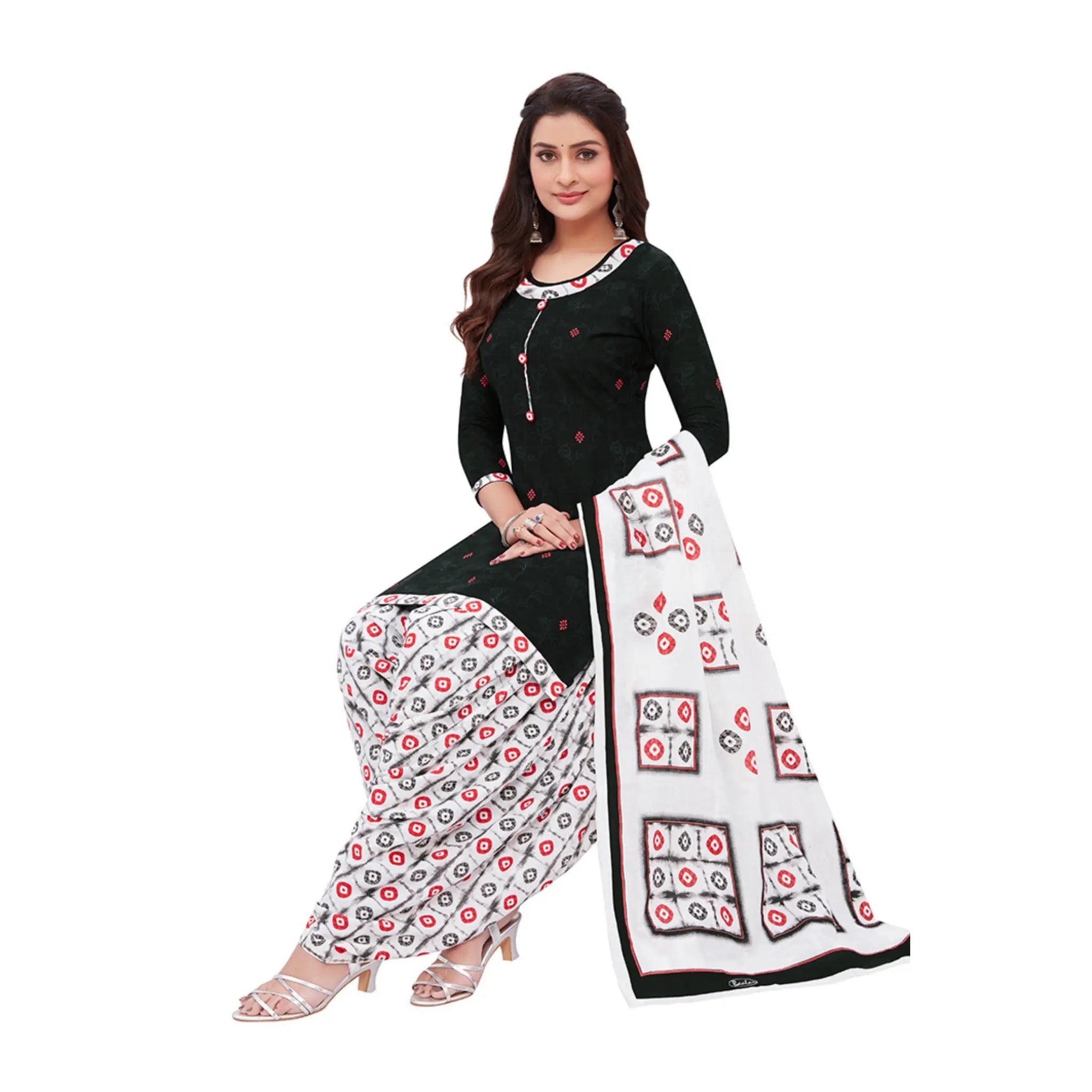 Cotton U Neck Black Top with Soft Peach Patilaya Pant and  Dupatta Main image
