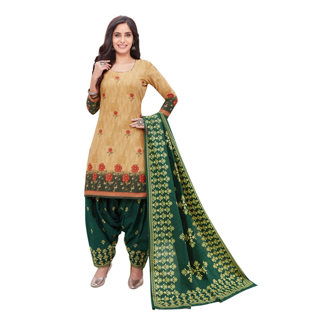 Cotton U Neck Deep Peach Top with Green Patilaya Pant and Dupatta
