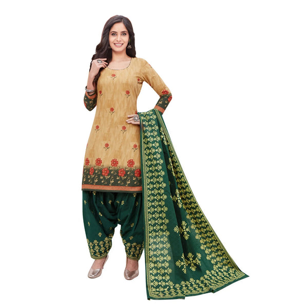 Cotton U Neck Deep Peach Top with Green Patilaya Pant and Dupatta
