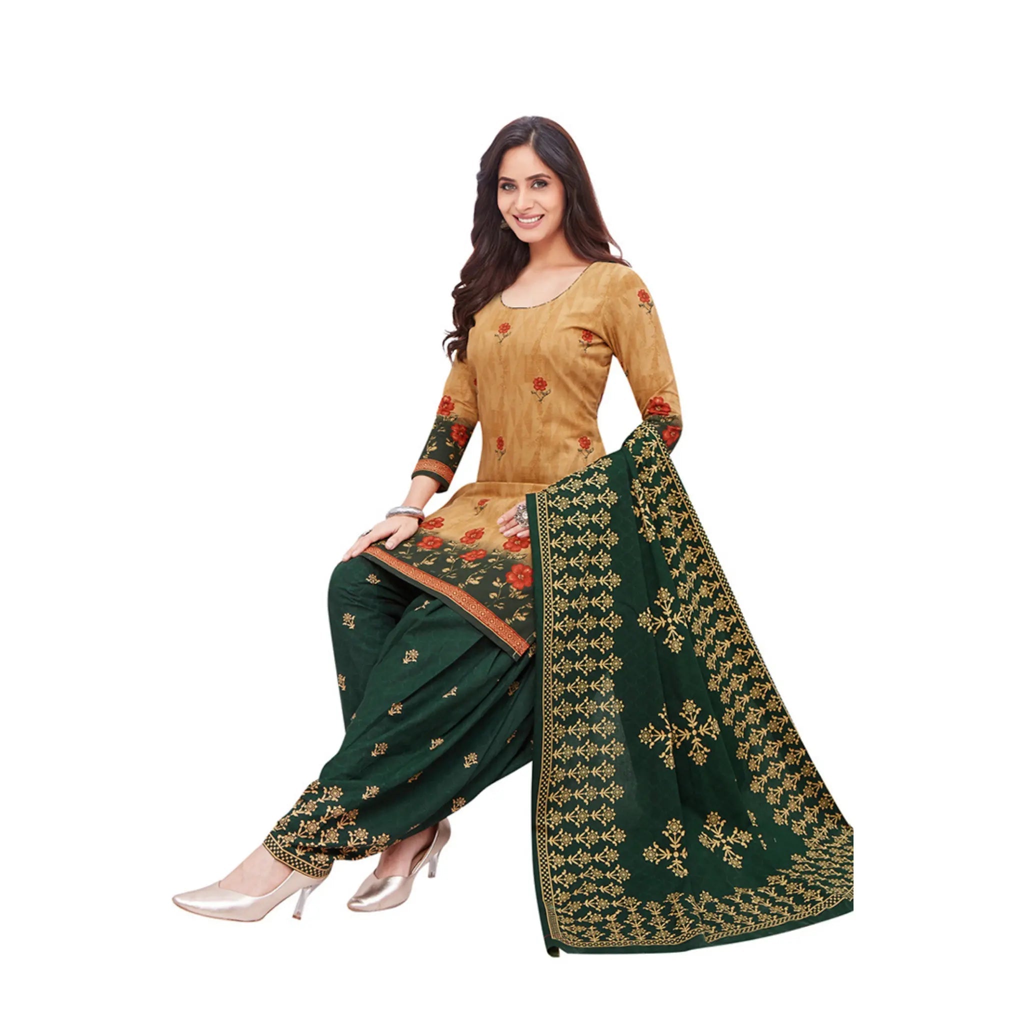 Cotton U Neck Deep Peach Top with Green Patilaya Pant and Dupatta Main image