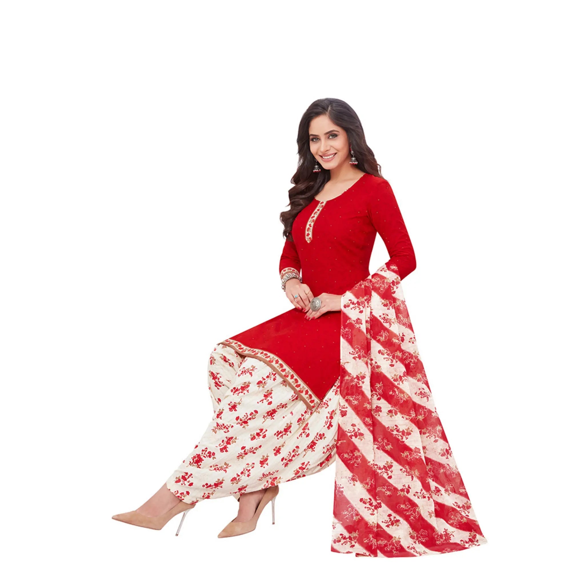 Cotton U Neck Red Top with Oyster Pink Floral Patiala Pant and Dupatta Main image