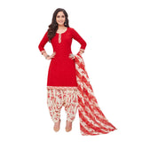 Cotton U Neck Red Top with Oyster Pink Floral Patiala Pant and Dupatta