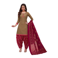 Cotton U Neck Pale Brown Top with Patilaya Pant and Cotton Dupatta