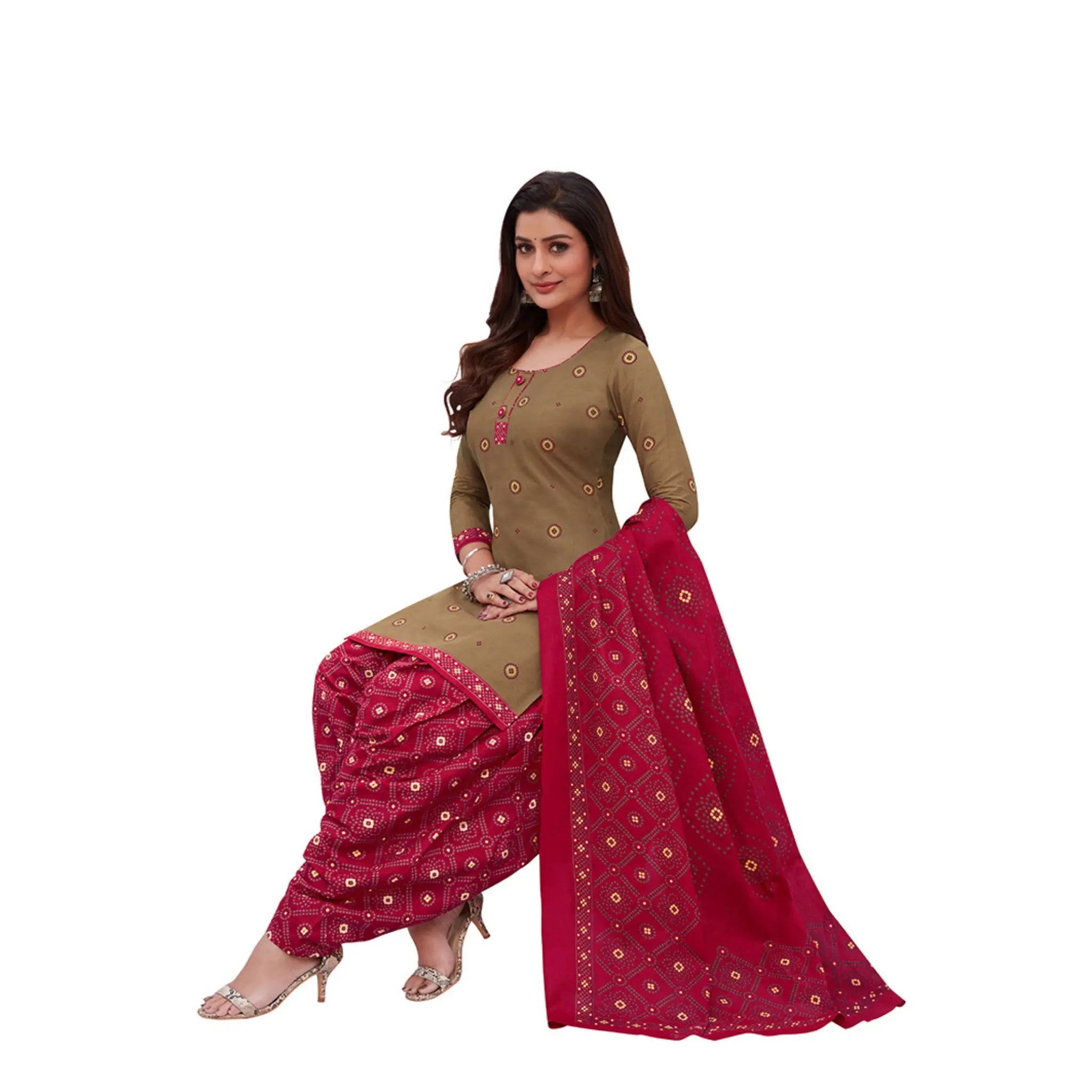 Cotton U Neck Pale Brown Top with Patilaya Pant and Cotton Dupatta Main image