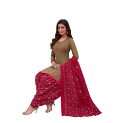 Cotton U Neck Pale Brown Top with Patilaya Pant and Cotton Dupatta