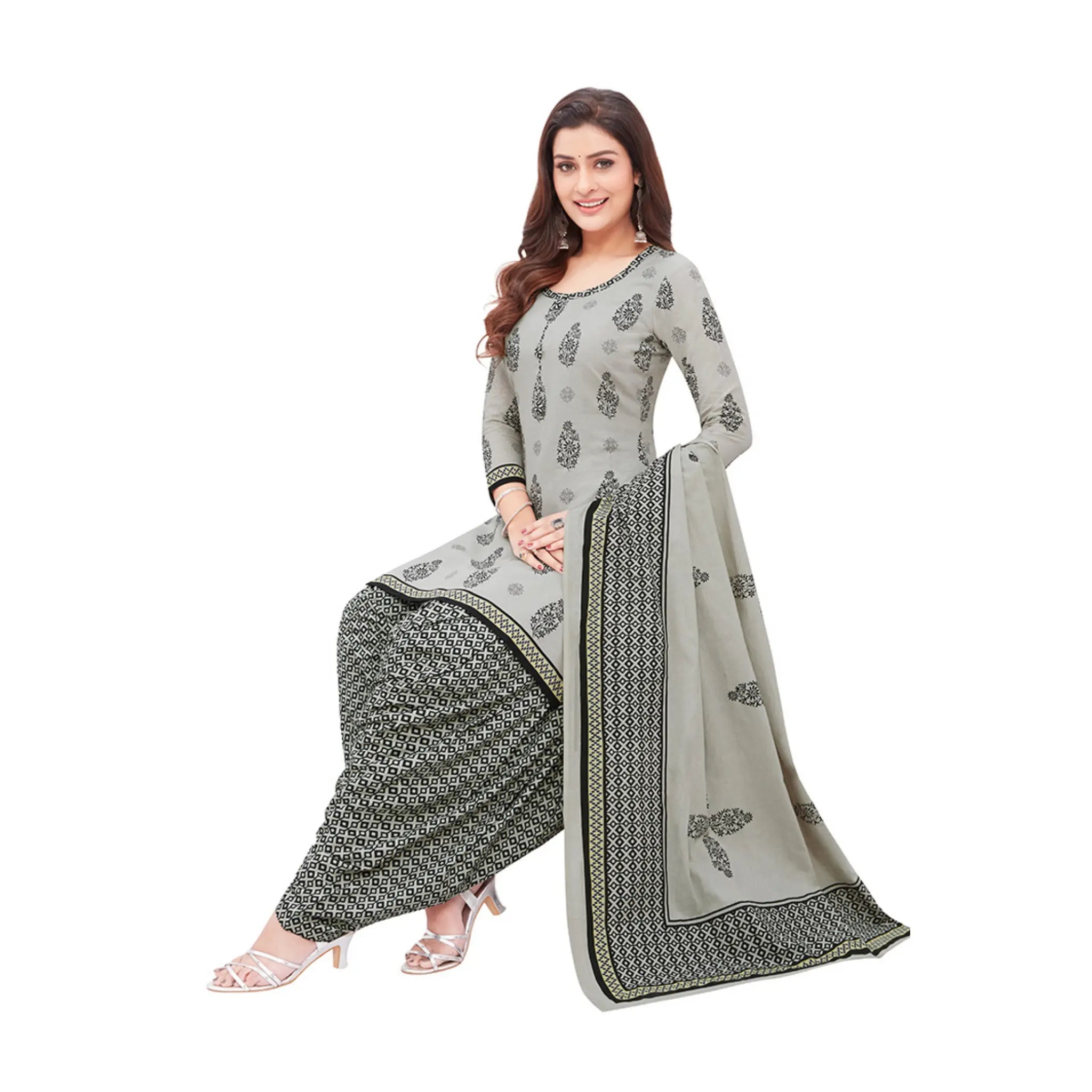 Cotton Pastel Grey Top with Davy Grey Patilaya Pant and Cotton Dupatta Main image