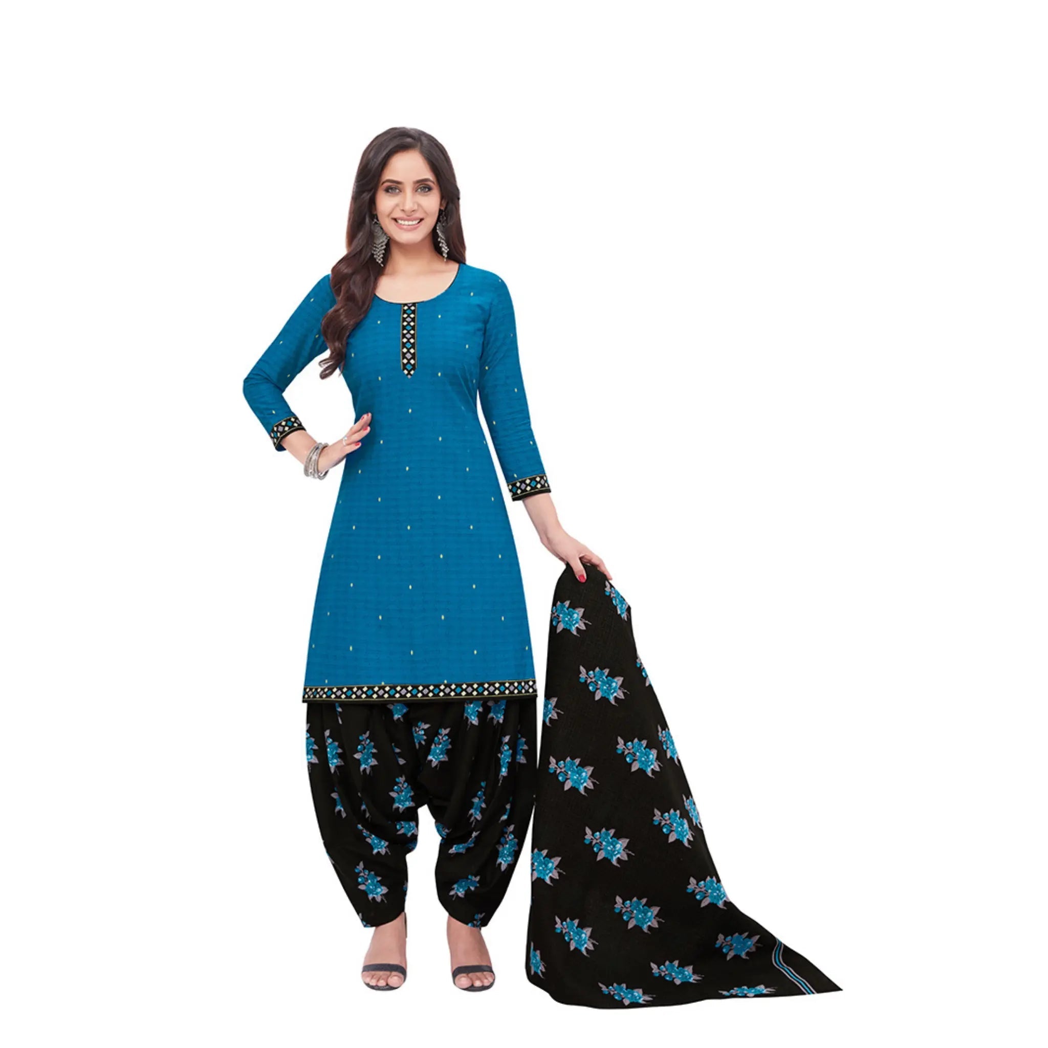Cotton U Neck Peacock Blue Top with Black Patilaya Pant and Dupatta